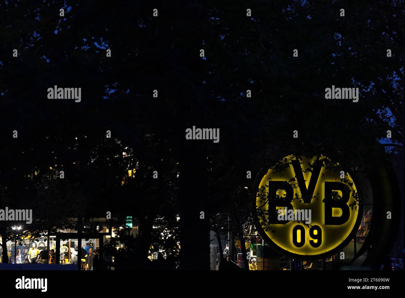 A general view of the Borussia Dortmund team logo on the club shop during the UEFA Champions League Group F match at Signal Iduna Park, Dortmund. Picture date: Tuesday November 7, 2023. Stock Photo