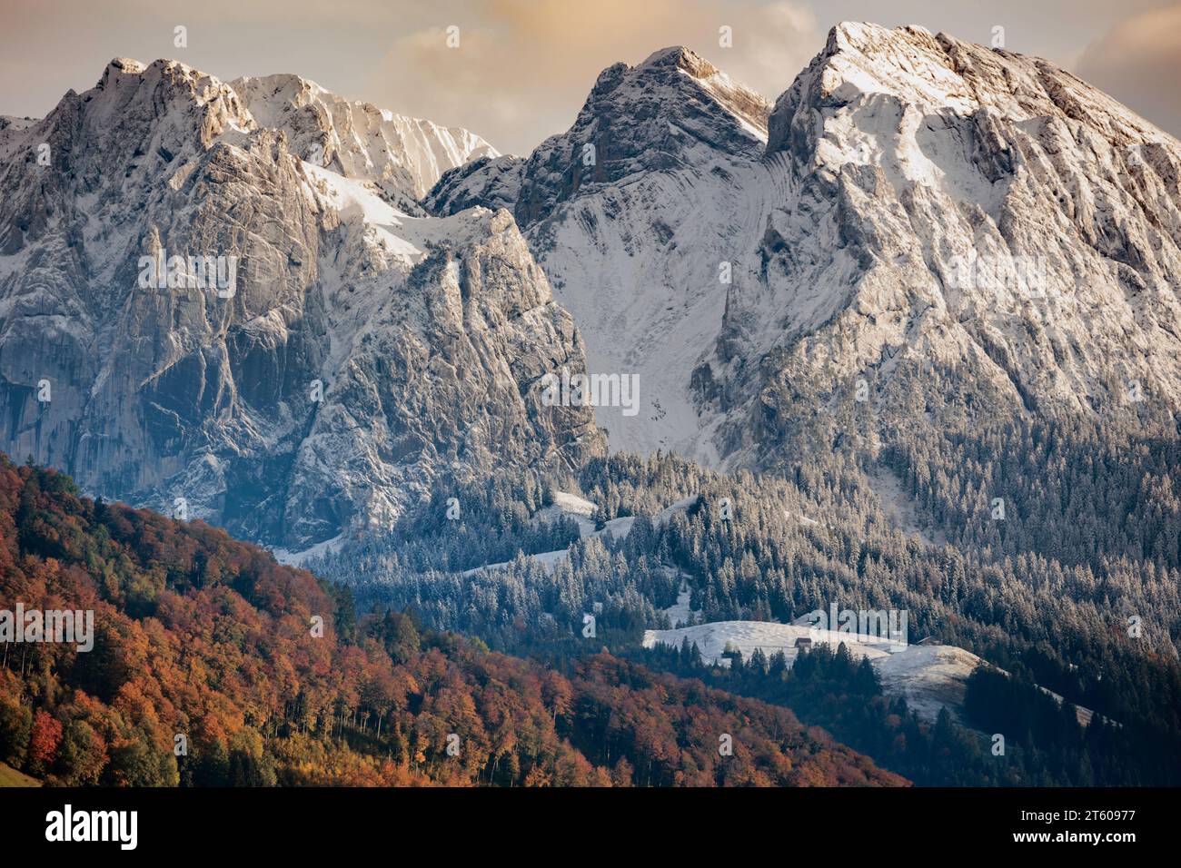 BlView of the Alps after the first snowfall Stock Photo