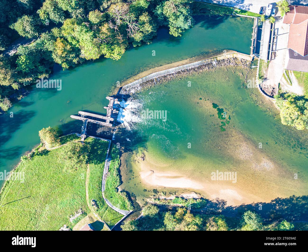 Loisach lake aerial weir from top Stock Photo Alamy