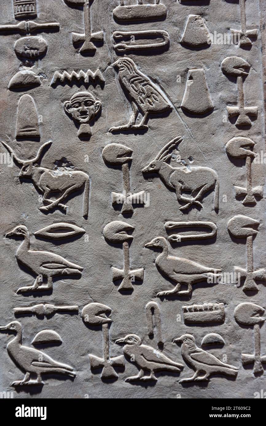 Drawings, images and hieroglyphic texts on ancient Egyptian walls Stock Photo