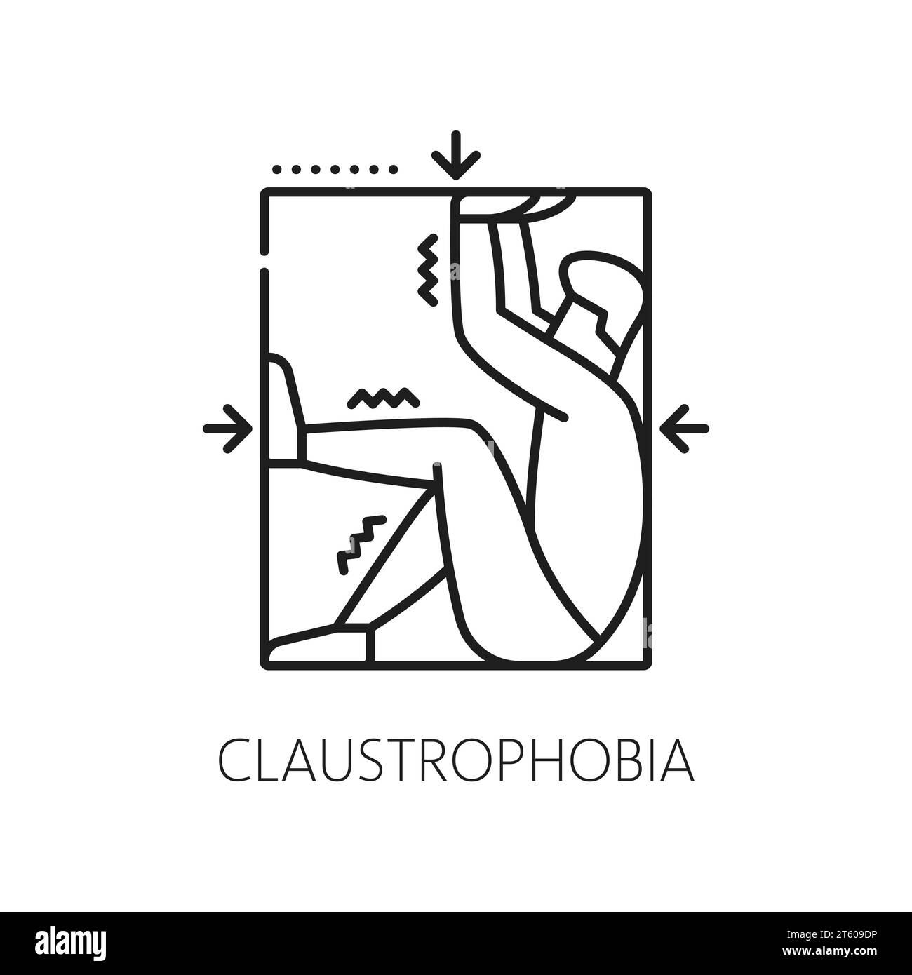Human claustrophobia phobia icon, mental health. Fear of enclosed spaces, mental disorder thin line vector pictogram. People psychology problem line symbol or icon with man in tight space Stock Vector