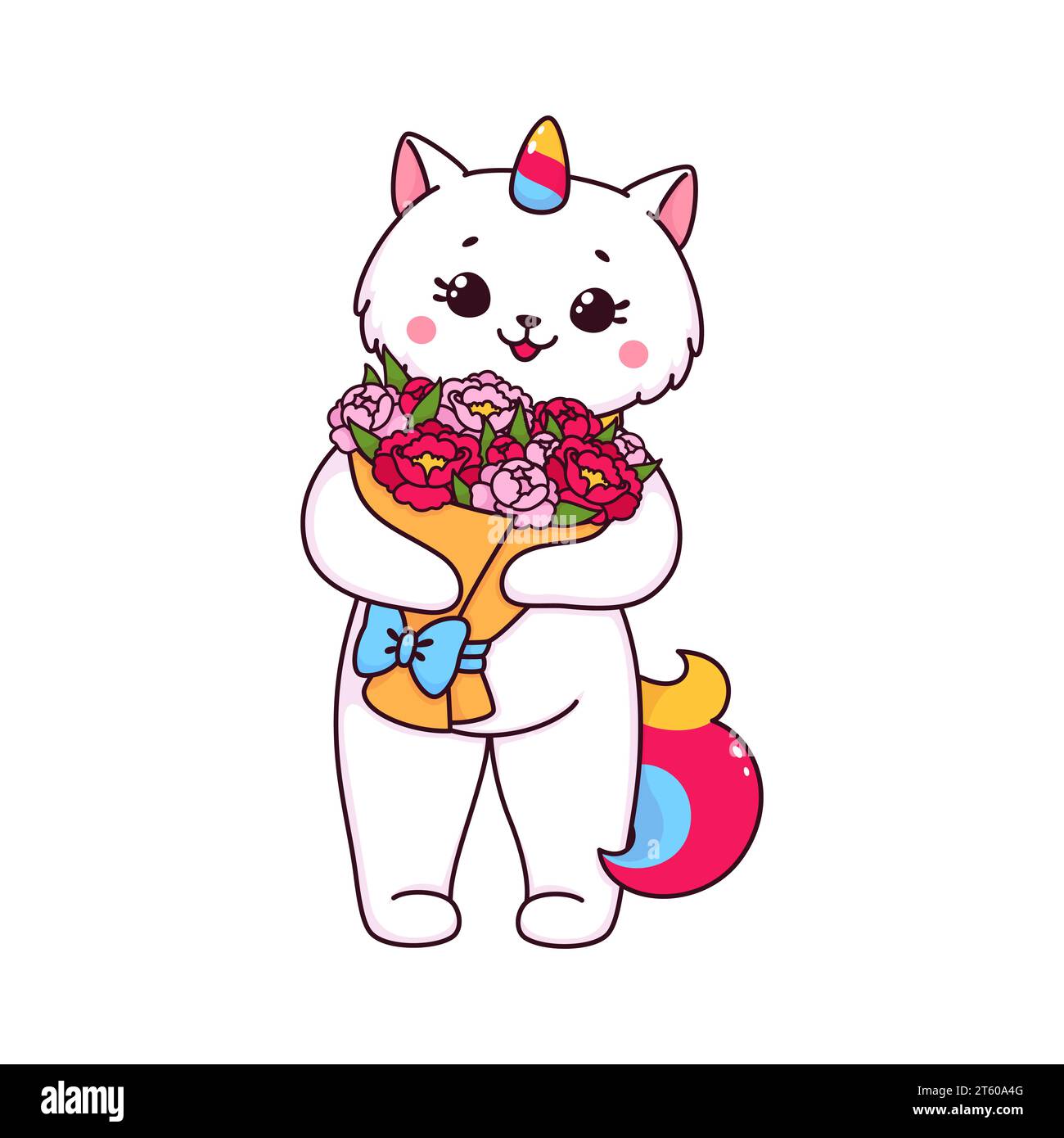 Cartoon cute caticorn cat or kitten character with flowers. White unicorn cat or caticorn kitty vector personage with happy face, rainbow horn and tail holding rose flowers bouquet with ribbon bow Stock Vector