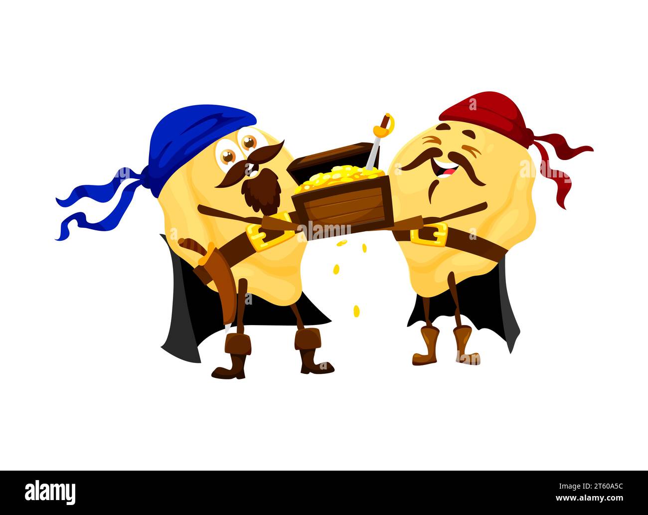 Cartoon italian pasta pirate or corsair sailors characters with treasure chest, funny vector personages of traditional macaroni food. Orecchiette pasta pirates with swords and wood box full of gold Stock Vector