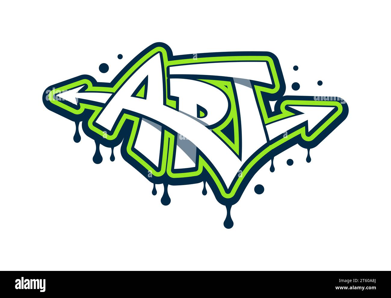 ART graffiti, street art or urban style lettering with paint spray on wall, vector artwork. Graffiti word Art in green paint writing with arrows and leak drips on wall for hipster urban graffiti print Stock Vector