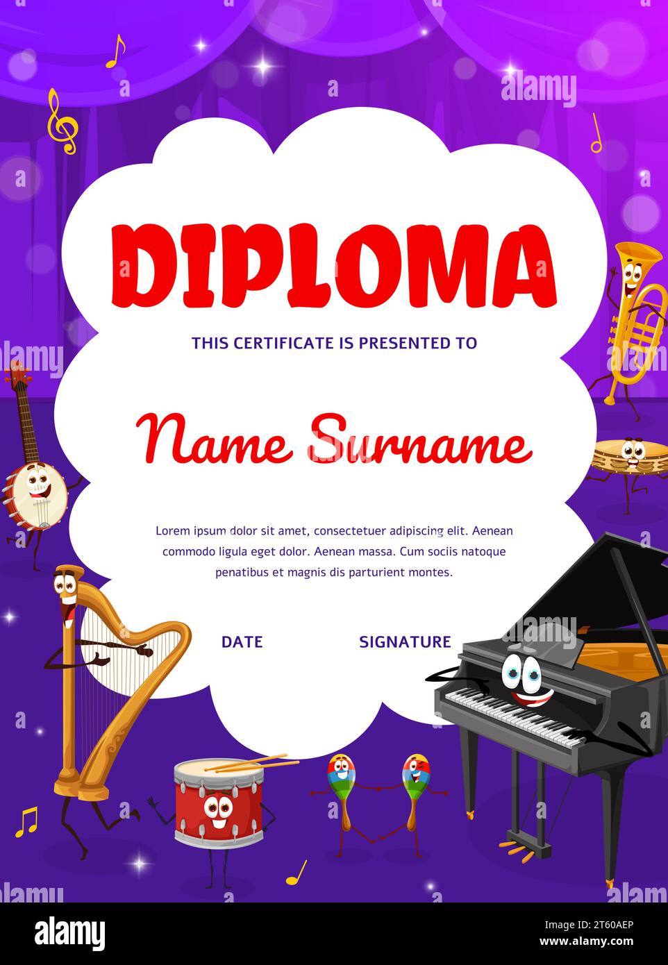 Musical diploma with instruments characters on the stage. Musical