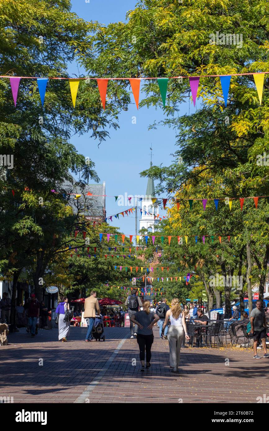 Church Street Marketplace is an uncovered outdoor pedestrian mall in Burlington, Vermont Stock
