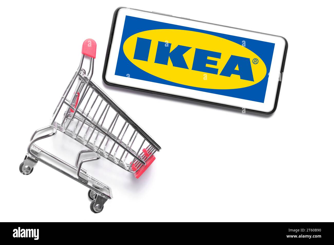 Kostanay, Kazakhstan, August 31, 2023.Smartphone with IKEA basket white background