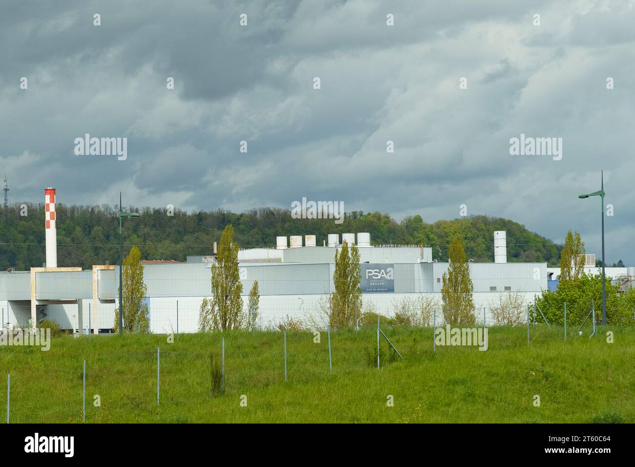 Montbeliard, France - April 28, 2023: production buildings of the Peugeot automobile plant in Montbeliard, France Stock Photo