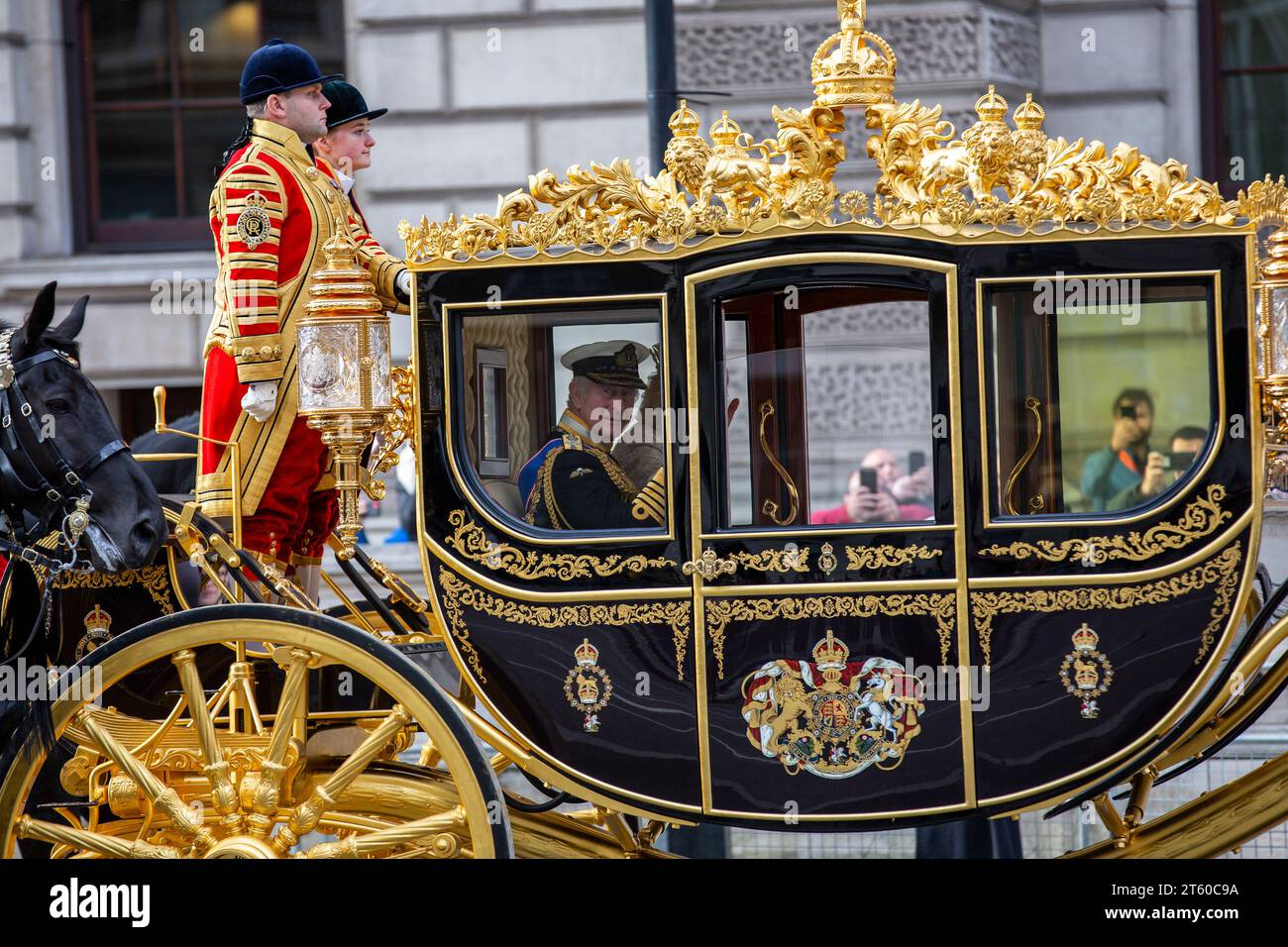 London, UK, 7th November 2023, Kings Charles III and Queen Camilla in the Diamond State Coach  after delivering his first King's Speech to Parliament , Chrysoulla Kyprianou Rosling/Alamy Live News Stock Photo