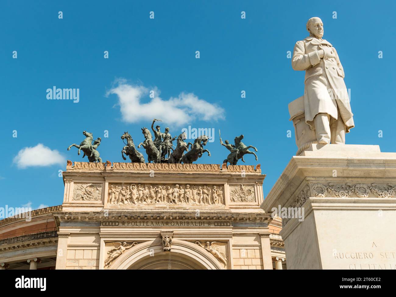 The marble monument to Ruggero Settimo in front of the Politeama Theater in Palermo, Sicily, Italy Stock Photo