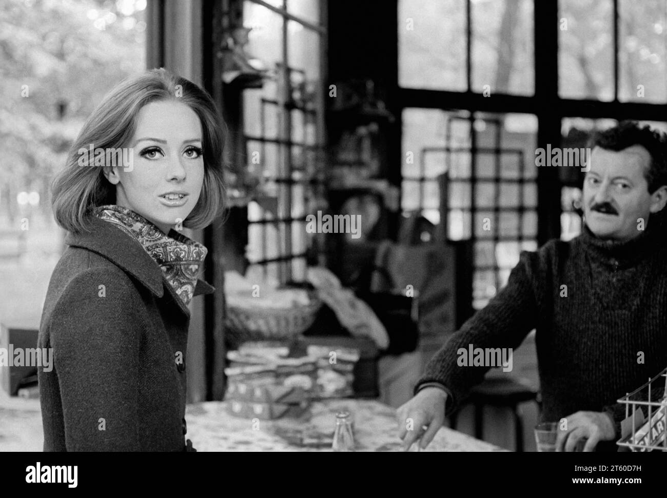 1960s, woman fashion model and kiosk manager, Jardin des Tuileries garden, Paris, France, Europe, Stock Photo