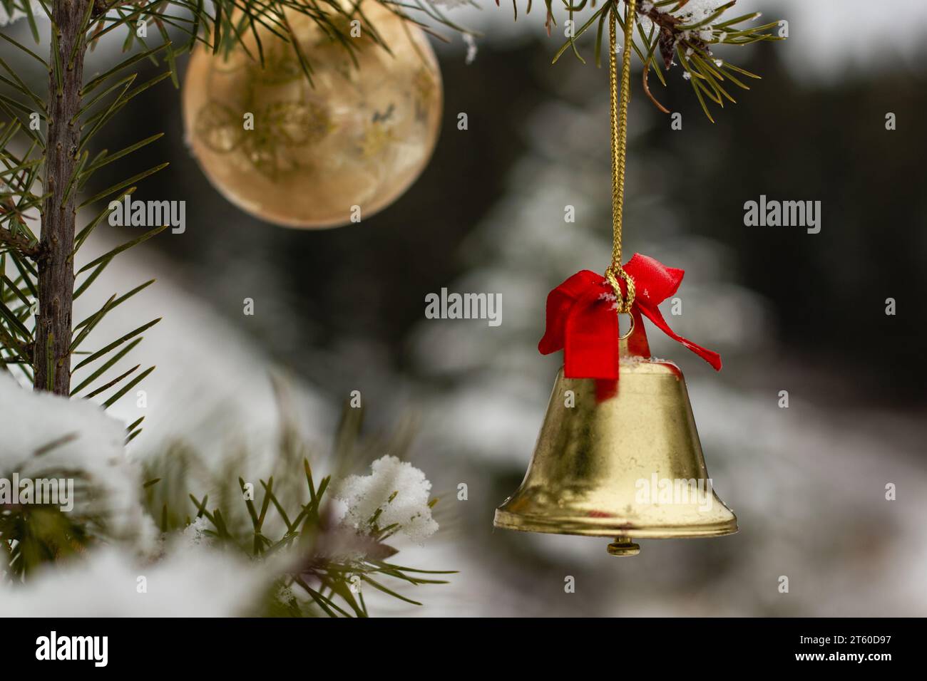 Close up view of Christmas baubles on a snow covered branch outdoors Stock Photo