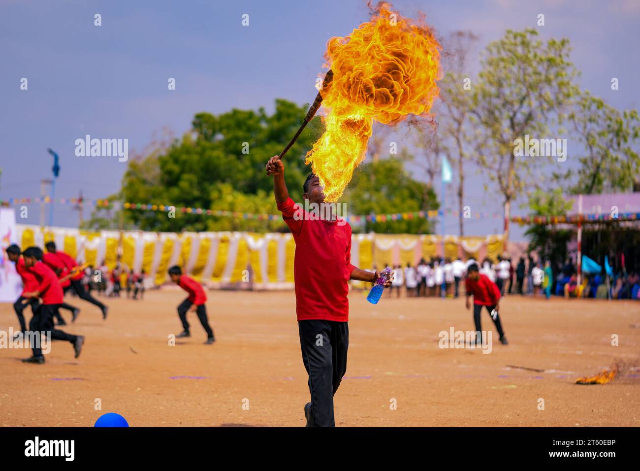 blowing fire work , great festivel programm in culturals school function Stock Photo