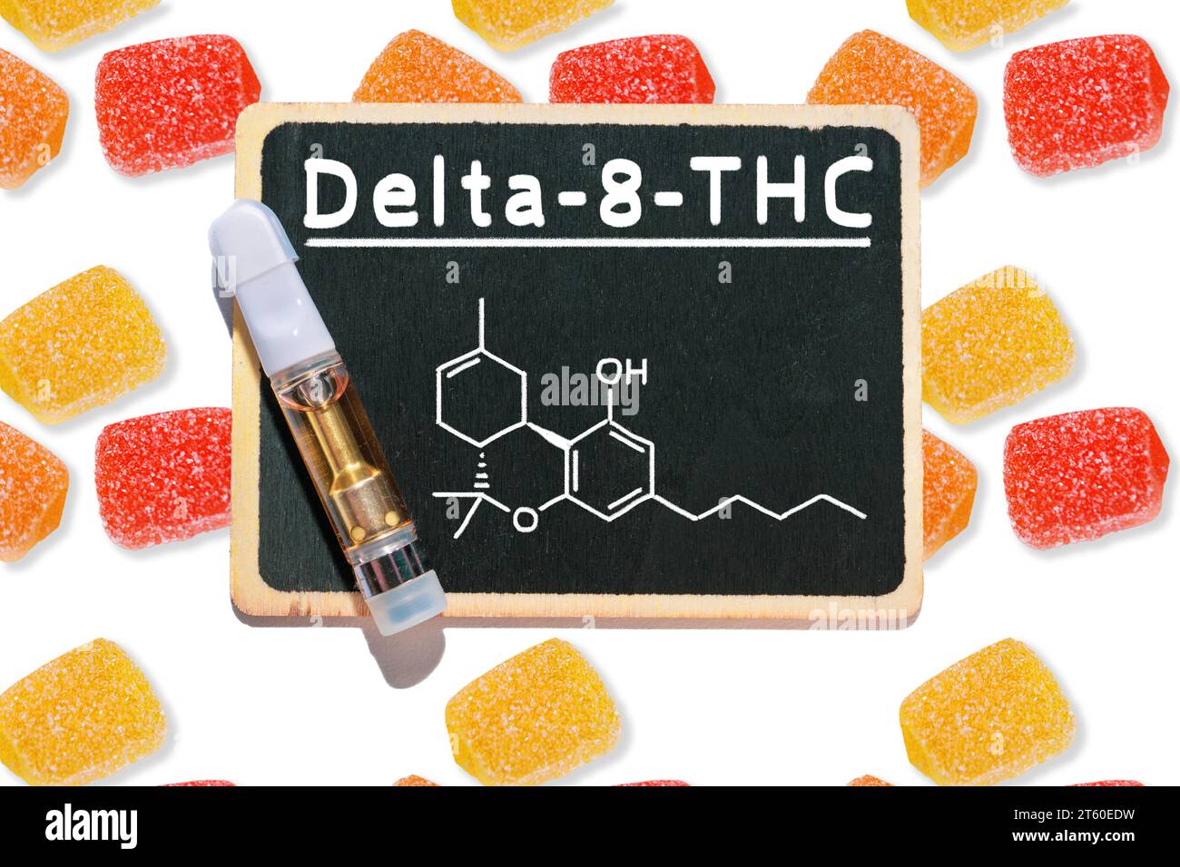 Medical Marijuana Edibles, Gummy Candies and Delta 8 THC vape cartridge Stock Photo