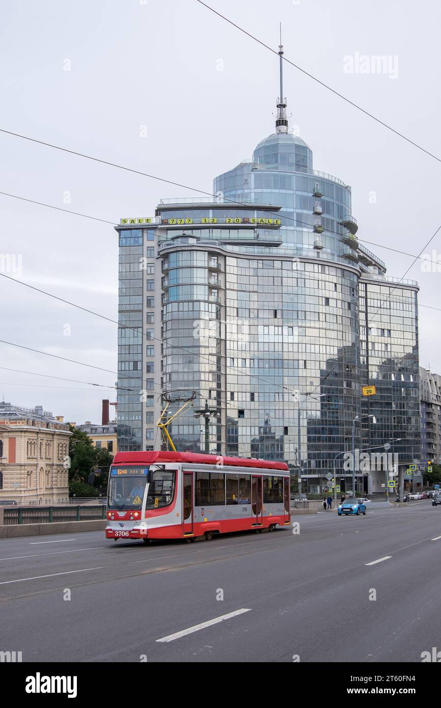 Trolleybus and skyscraper in the urban center of the city of Saint ...