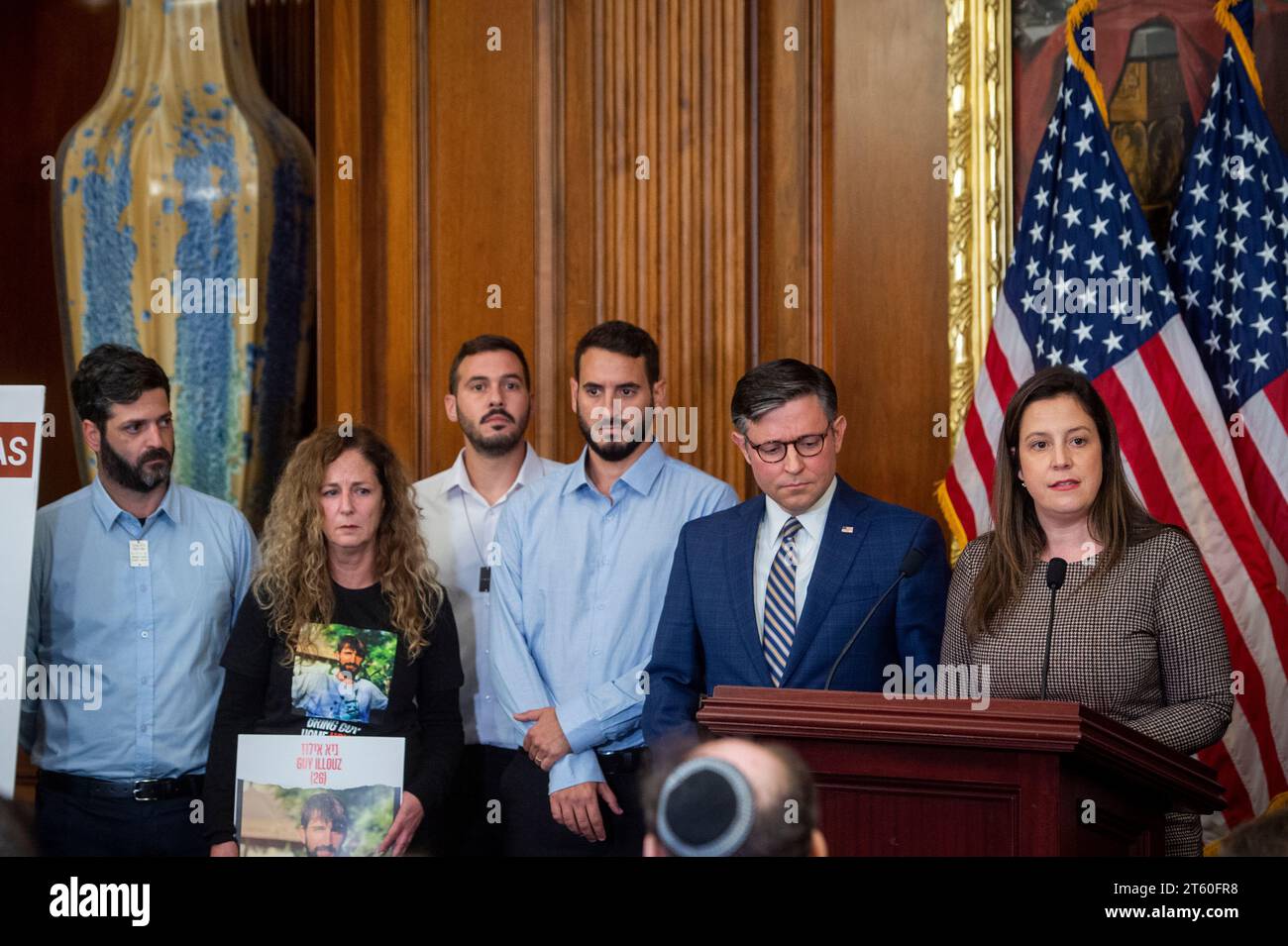 Liran Berman, left, brother of Hamas hostages Gali and Ziv Berman, Doris Liber, second from left, mother of Hamas hostage Guy Itzhak Iluz currently being held hostage by Hamas militants in Gaza following the October 7, 2023, attack on Israeli citizens, and Yonatan Lulu Shamriz, third from right, older brother of Hamas hostage Alon Lulu Shamriz, and Speaker of the United States House of Representatives United States Representative Mike Johnson (Republican of Louisiana), second from right, listen while House Republican Conference Chair Elise Stefanik (Republican of New York), right, offers remar Stock Photo