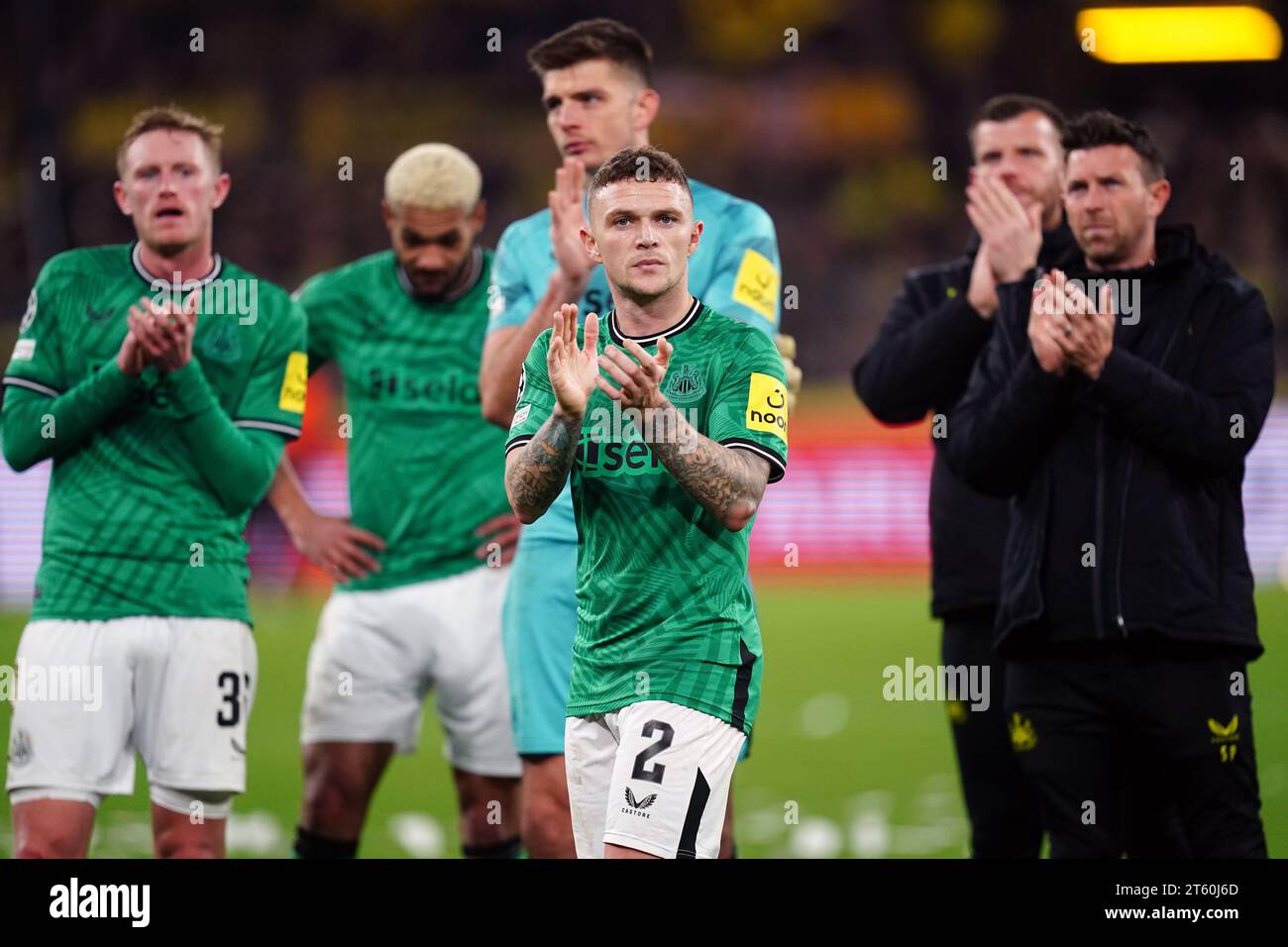Newcastle United's Kieran Trippier (centre) applauds the fans following the UEFA Champions League Group F match at Signal Iduna Park, Dortmund. Picture date: Tuesday November 7, 2023. Stock Photo