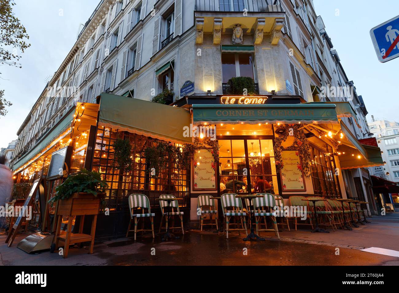 PARIS, France November 05, 2023 View of typical Parisian cafe Le Corner St. Germain at night