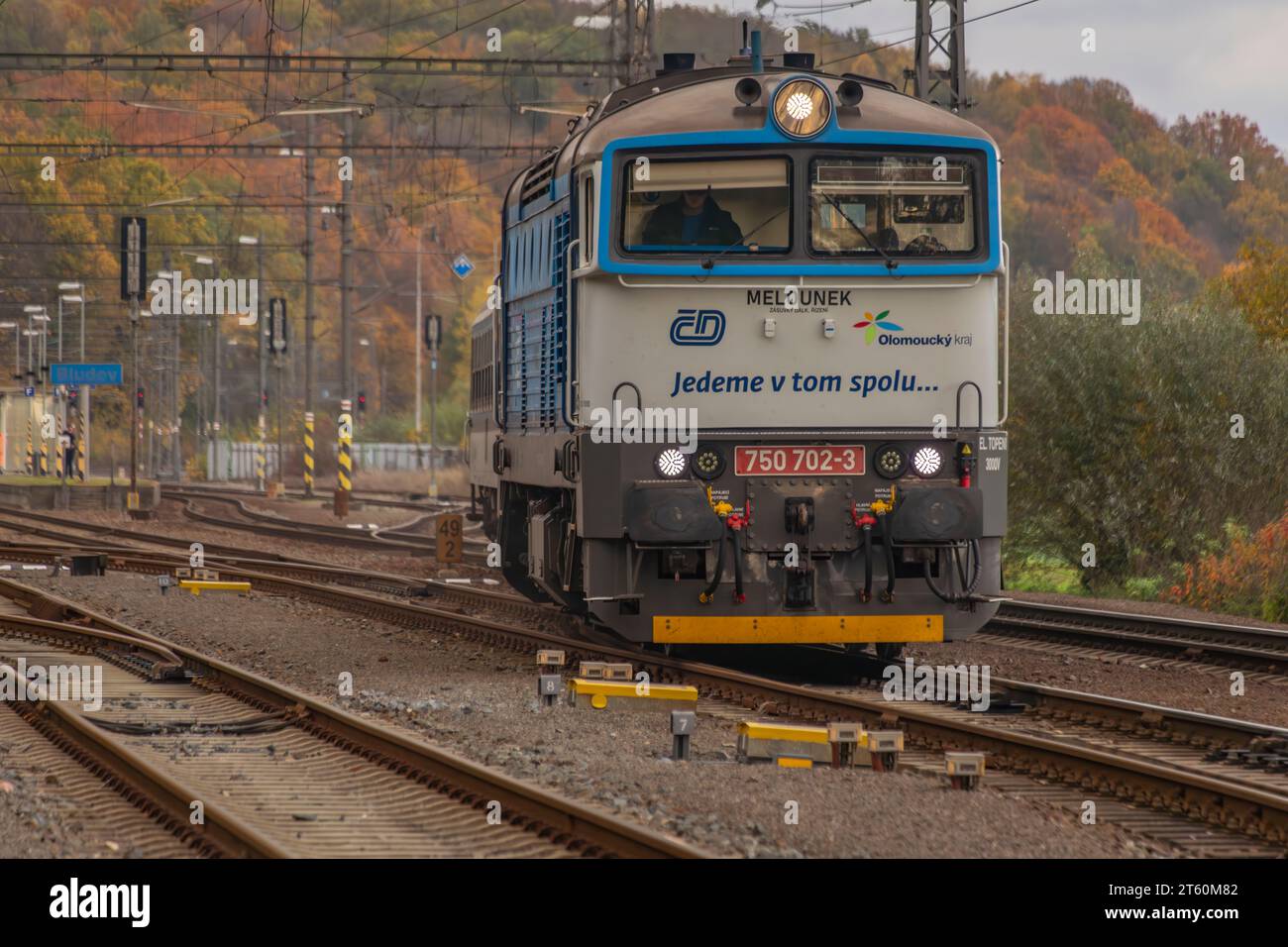 Passenger train near small station in autumn clean color day in Bludov CZ 11 04 2023 Stock Photo