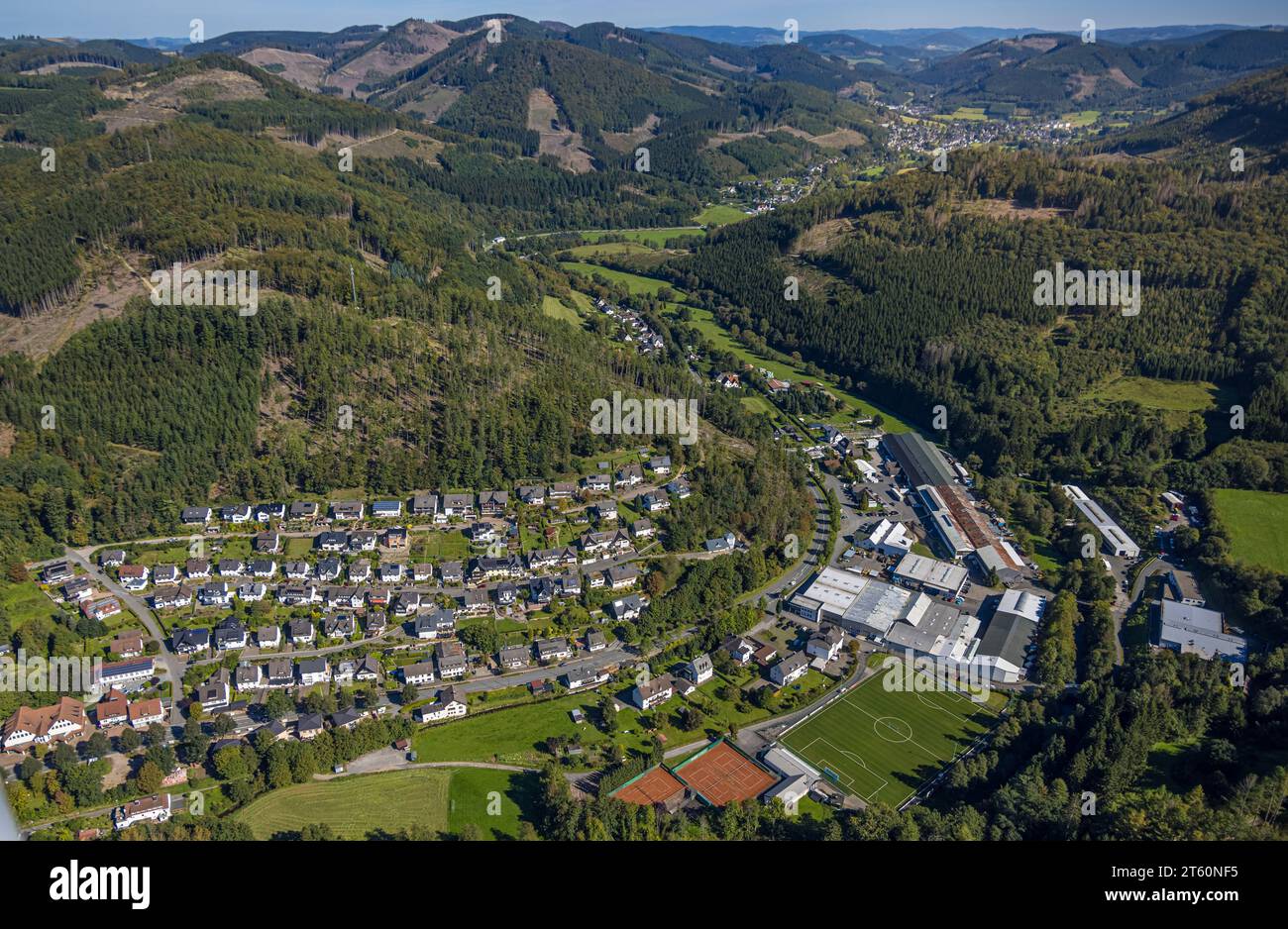 Aerial view, view of the district of Langenei, hilly landscape with forest damage, Langenei, Lennestadt, Sauerland, North Rhine-Westphalia, Germany, T Stock Photo