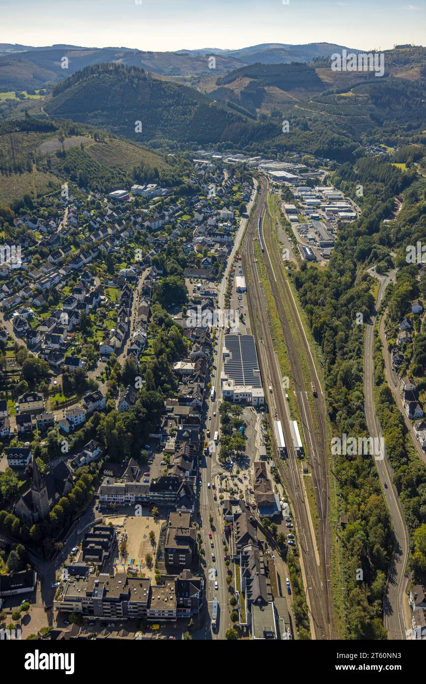 Aerial view, railroad station, Altenhundem, Lennestadt, Sauerland