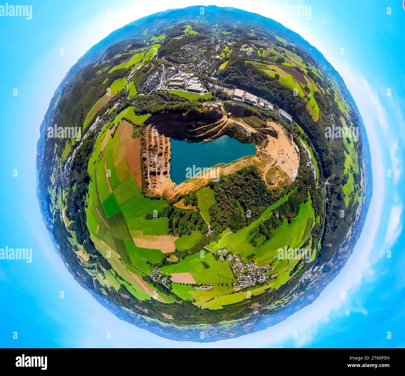 Aerial view, view of Grevenbrück district and quarry, earth globe, fisheye image, 360 degree image, tiny world, Trockenbrück, Lennestadt, Sauerland, N Stock Photo