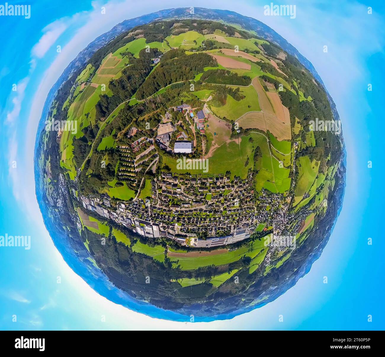 Aerial view, Elspe district, Elspe Festival leisure facility for Karl May Festival, earth globe, fisheye image, 360 degree image, tiny world, Elspe, L Stock Photo