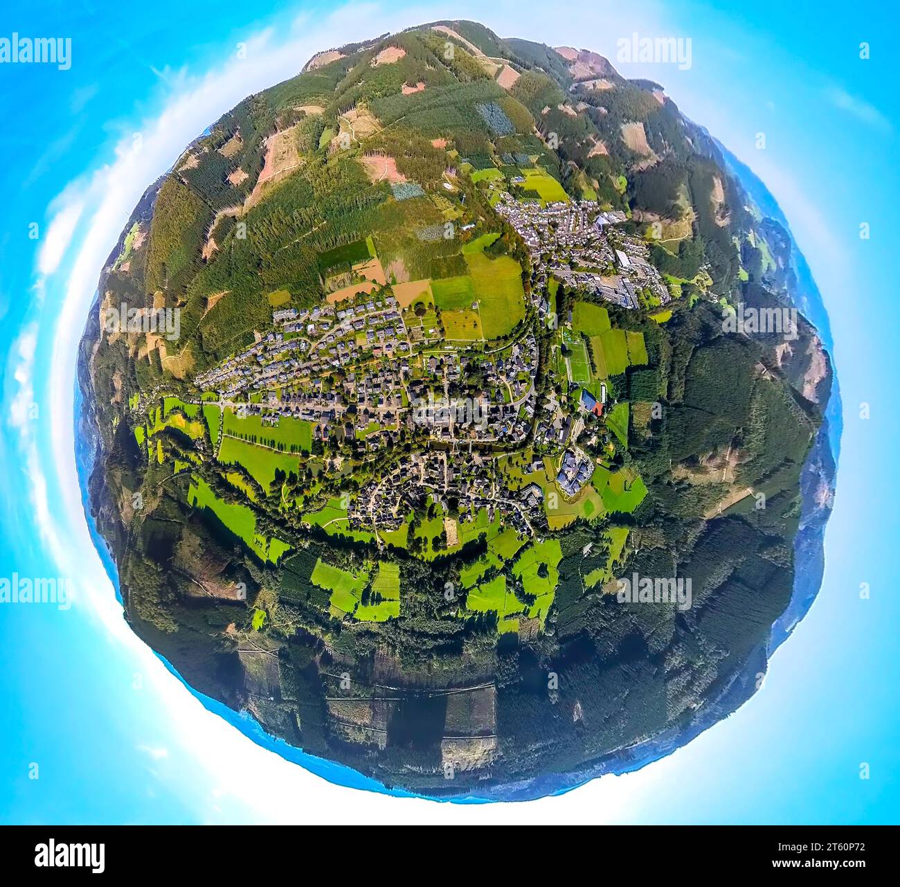Aerial view, view of Saalhausen, earth globe, fisheye image, 360 degree image, tiny world, Saalhausen, Lennestadt, Sauerland, North Rhine-Westphalia, Stock Photo