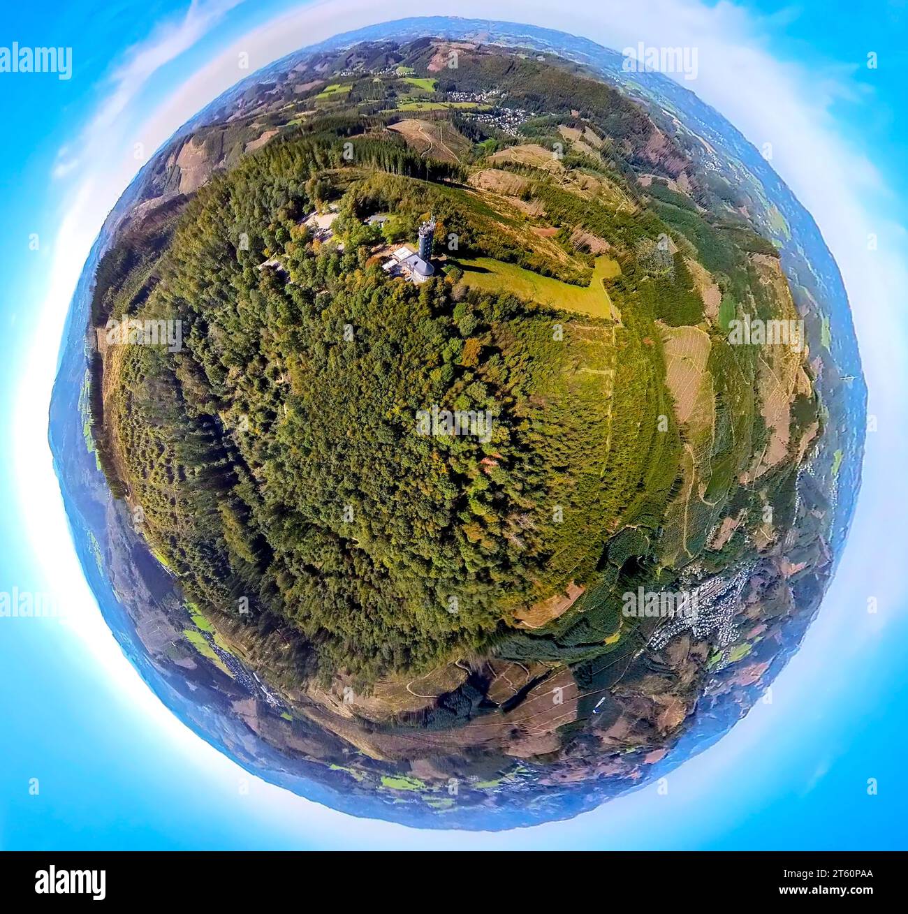 Aerial view, forest area Hohe Bracht, Hohe Bracht CafÃƒÆ’Ã†â€™Ãƒâ€ Ã¢â‚¬â„¢ÃƒÆ’Ã¢â‚¬Å¡Ãƒâ€šÃ‚Â©, restaurant, earth globe, fisheye image, 360 degree im Stock Photo