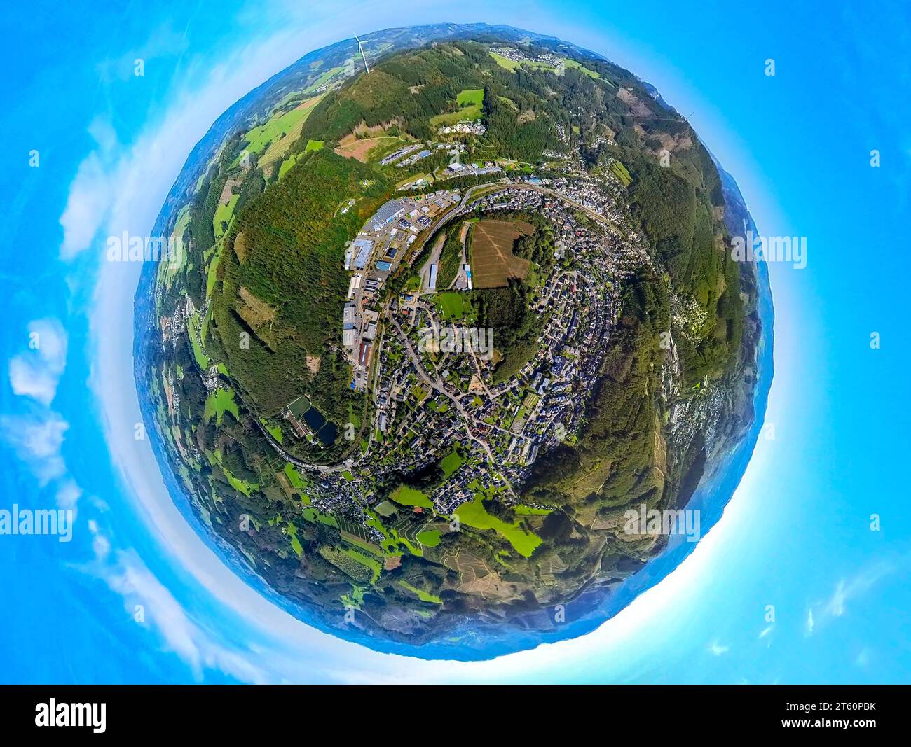 Aerial view, view of Meggen, earth globe, fisheye image, 360 degree ...