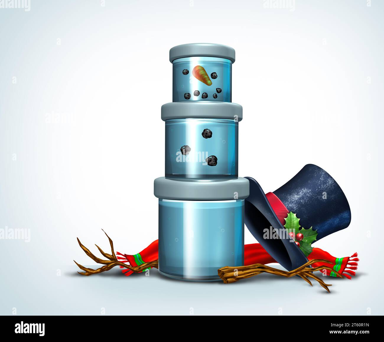 Funny Melted Snowman concept as a snow man melted and stored in a container as fun festive warm winter snowing holiday humor for a seasons greeting Stock Photo