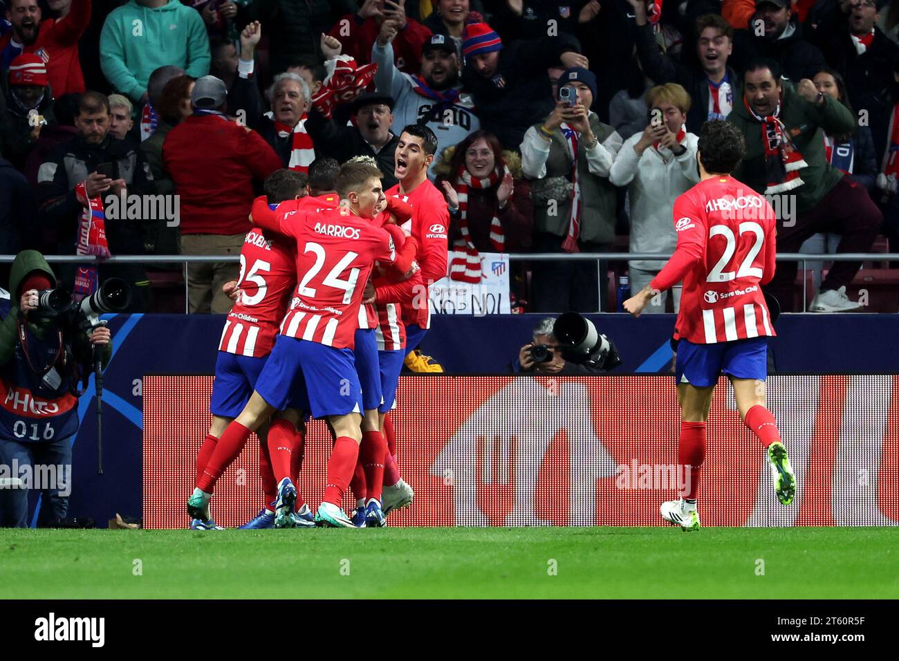 Atletico Madrid's Antoine Griezmann (hidden) celebrates scoring their side's first goal of the game with team-mates during the UEFA Champions League Group E match at the Estadio Metropolitano, Madrid. Picture date: Tuesday November 7, 2023. Stock Photo