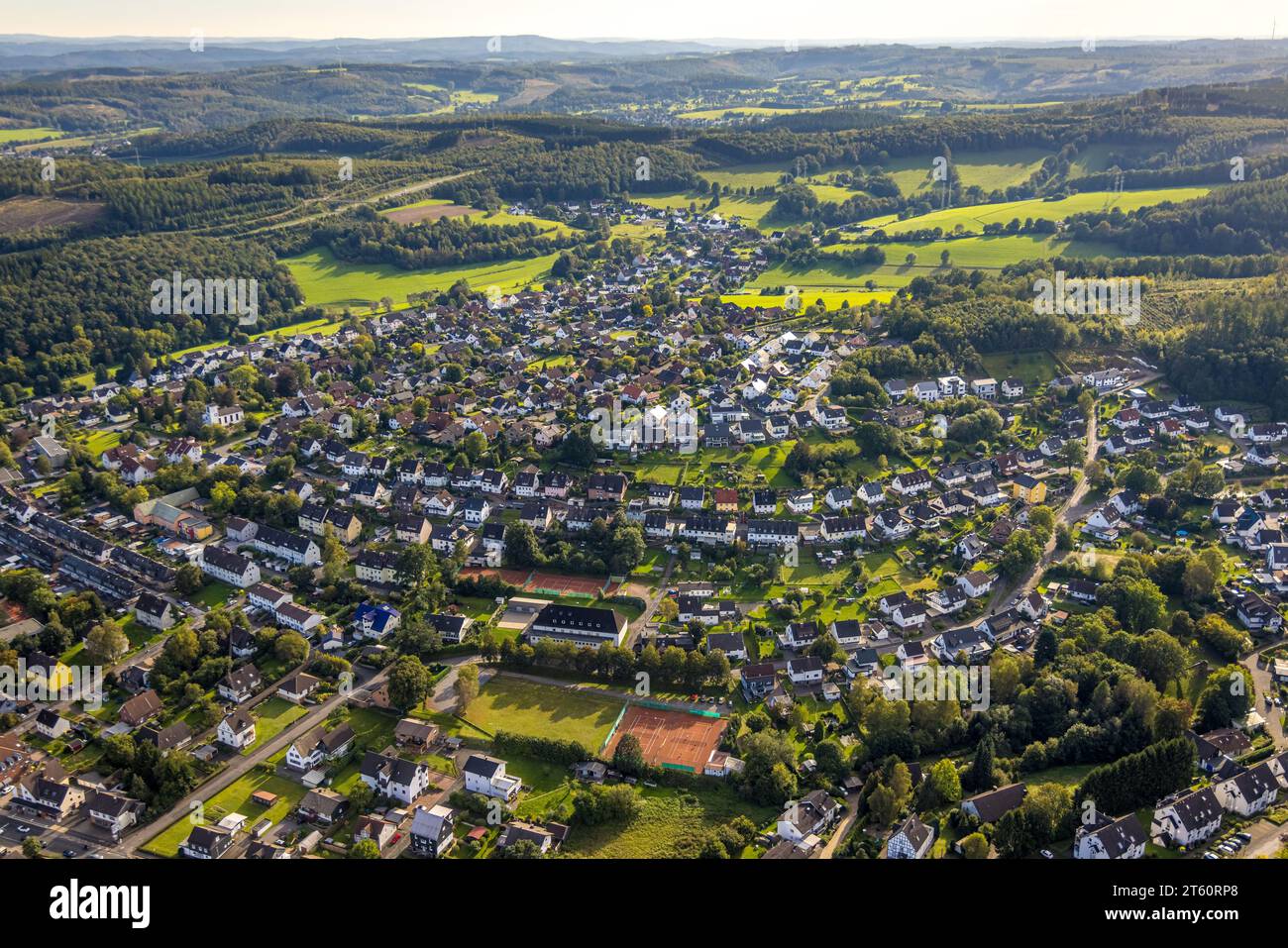 Aerial view, district of Eichen with tennis courts TV Eichen, Kreuztal, Siegerland, North Rhine-Westphalia, Germany, Aerial photo, Place view, Oaks, T Stock Photo