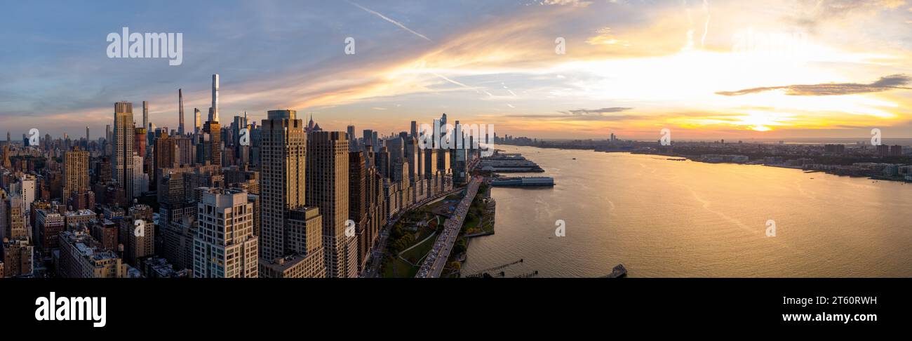 Aerial panorama NewYork sunset. View of Hudson River Stock Photo