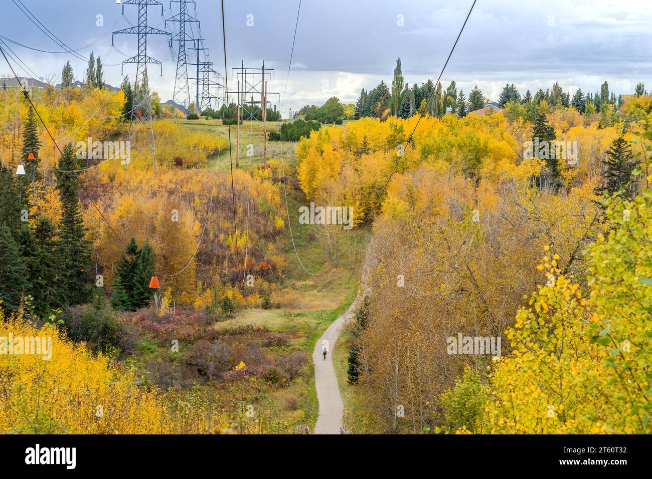 White Mud ravine landscape in fall season with power line corridor and ...