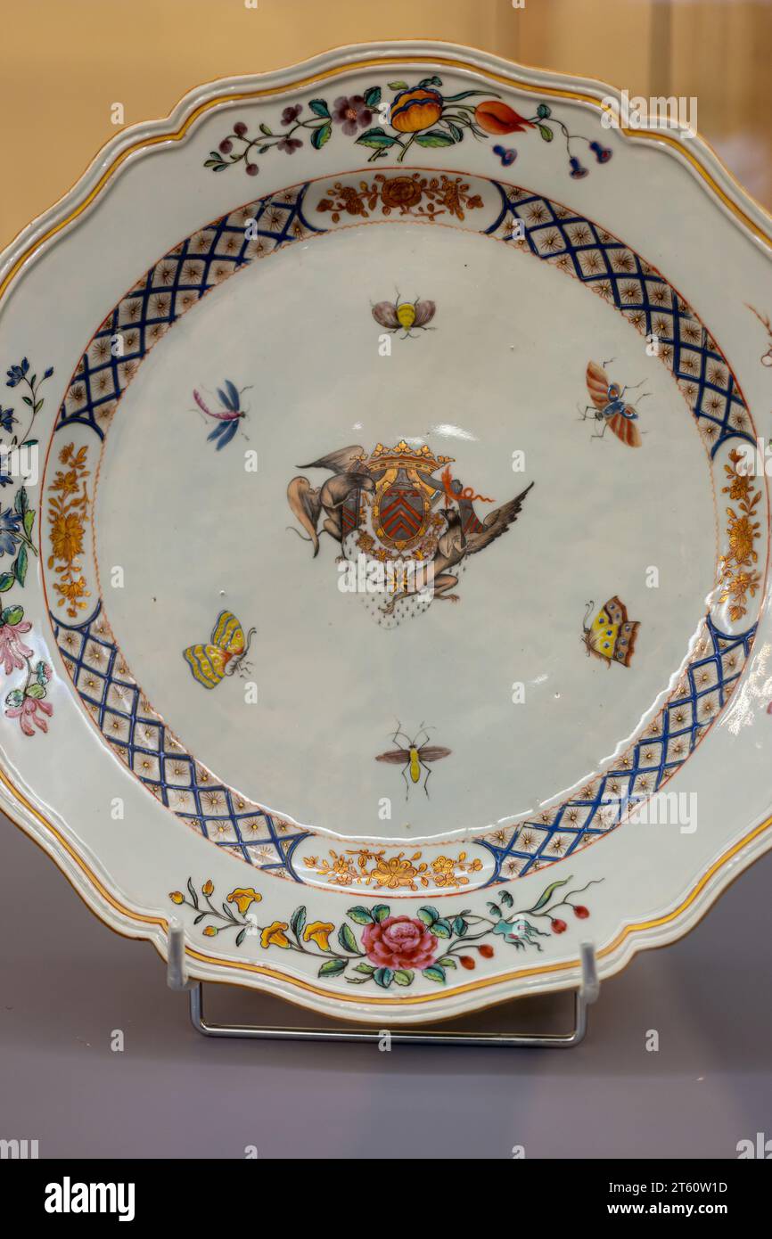 Dish emblazoned with the arms of the Duke of Aiguillon, Agen Museum, France Stock Photo