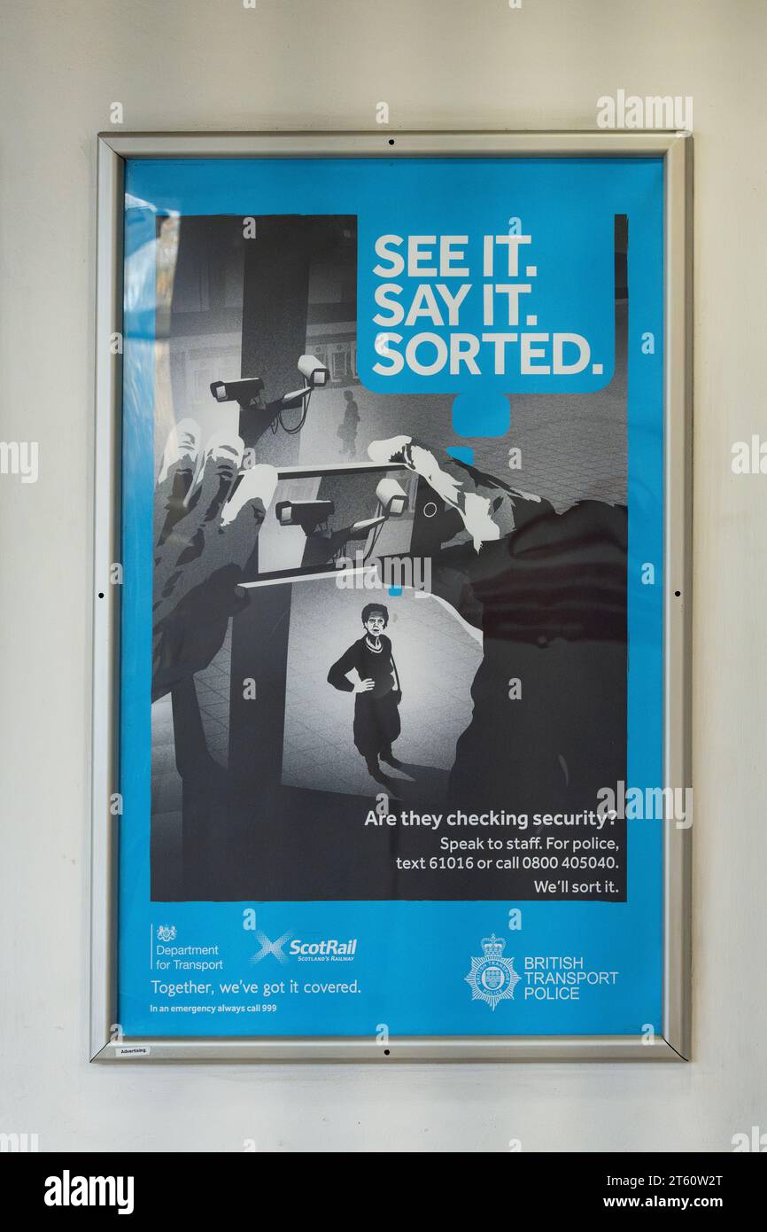 See it Say it Sorted British Transport Police poster at Partick train station, Scotland, UK