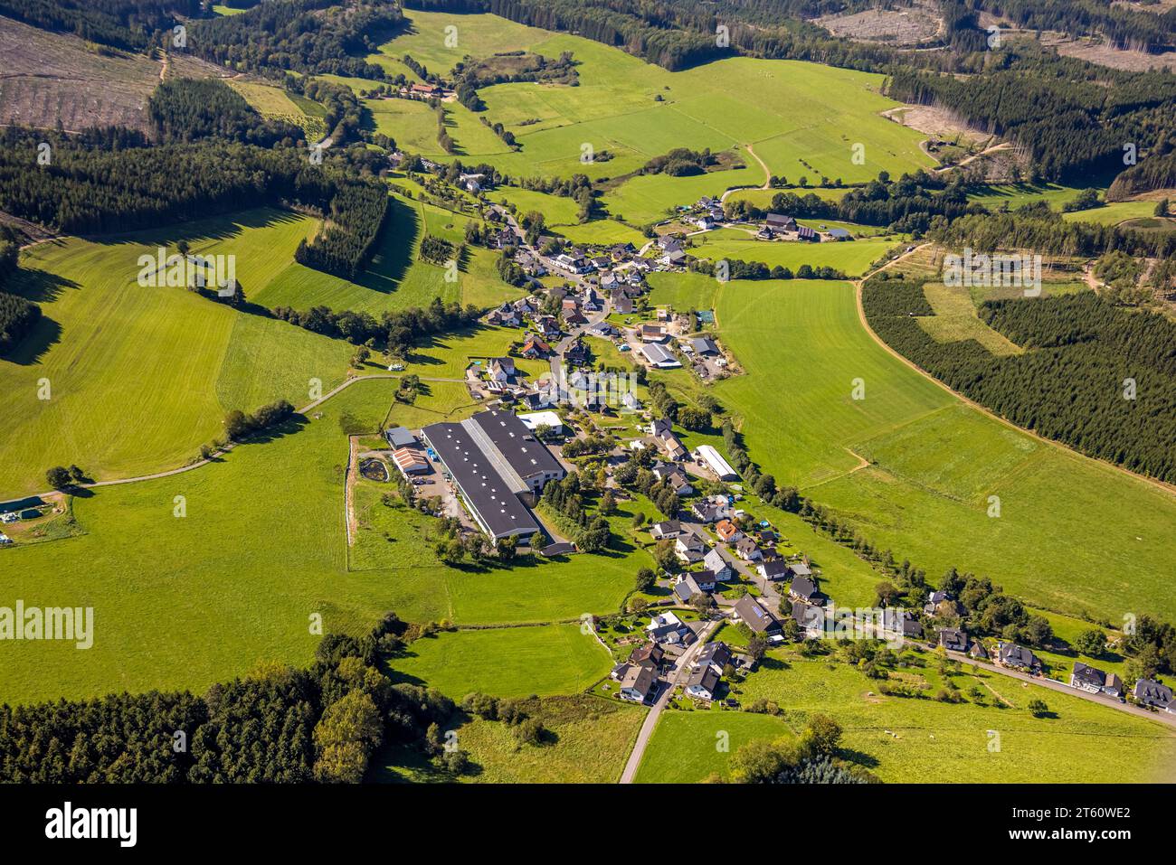 Aerial view, view of the district of Selbecke, surrounded by meadows and fields, DNC Frästechnik Metallverarbeitung, Selbecke, Kirchhundem, Sauerland, Stock Photo