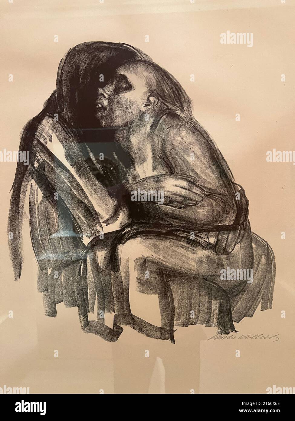 Young Girl in the Lap of Death, 1934 Lithograph on wove paper. Käthe Kollwitz,  This is one of eight haunting lithographs from a portfolio focusing on the figure of Death that Käthe Kollwitz produced in the mid-1930s, as Nazism was on the rise..  Brooklyn Museum, New York City. Stock Photo