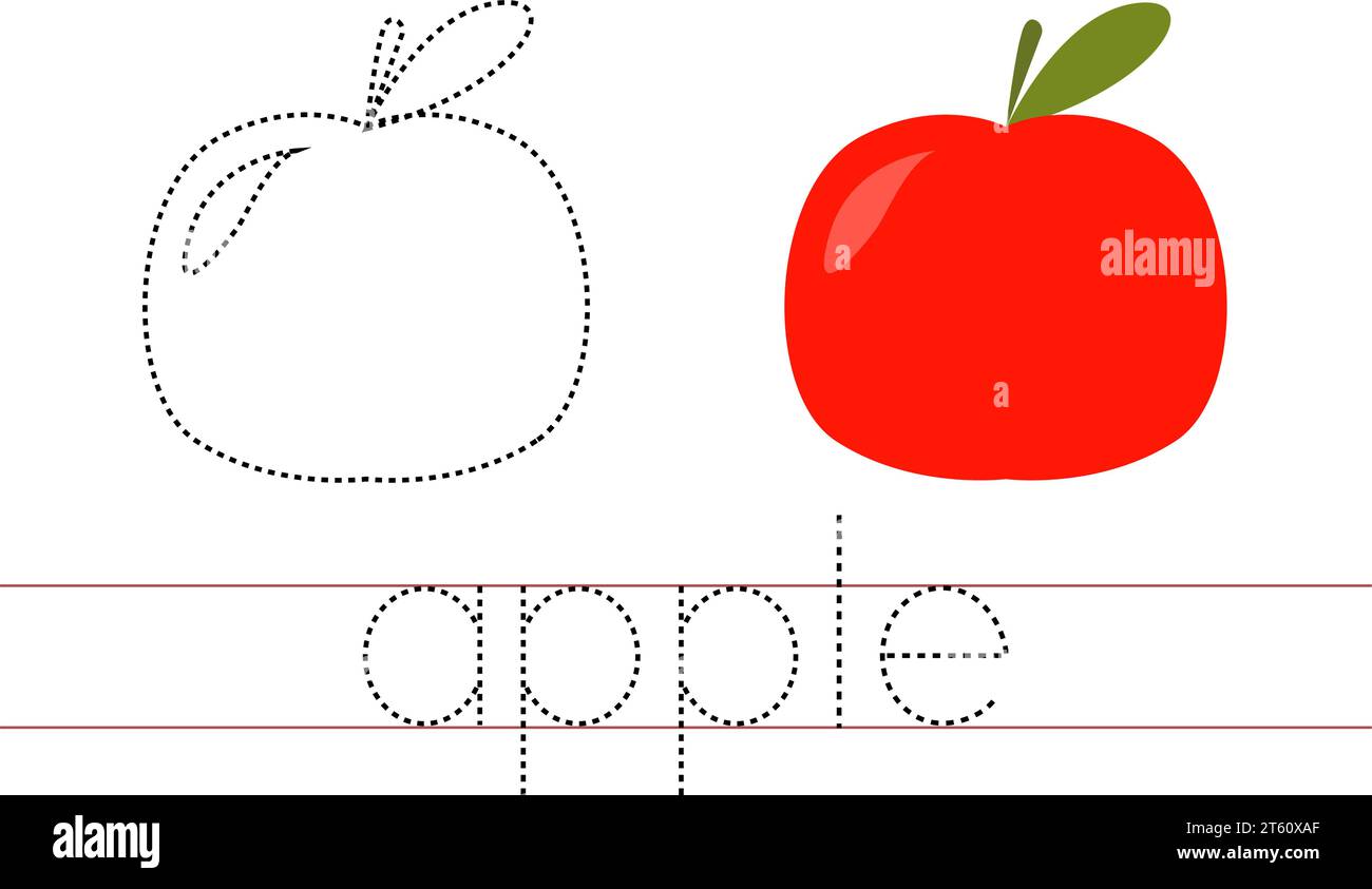 Trace word apple. English worksheet for kids. Cartoon colorful apple