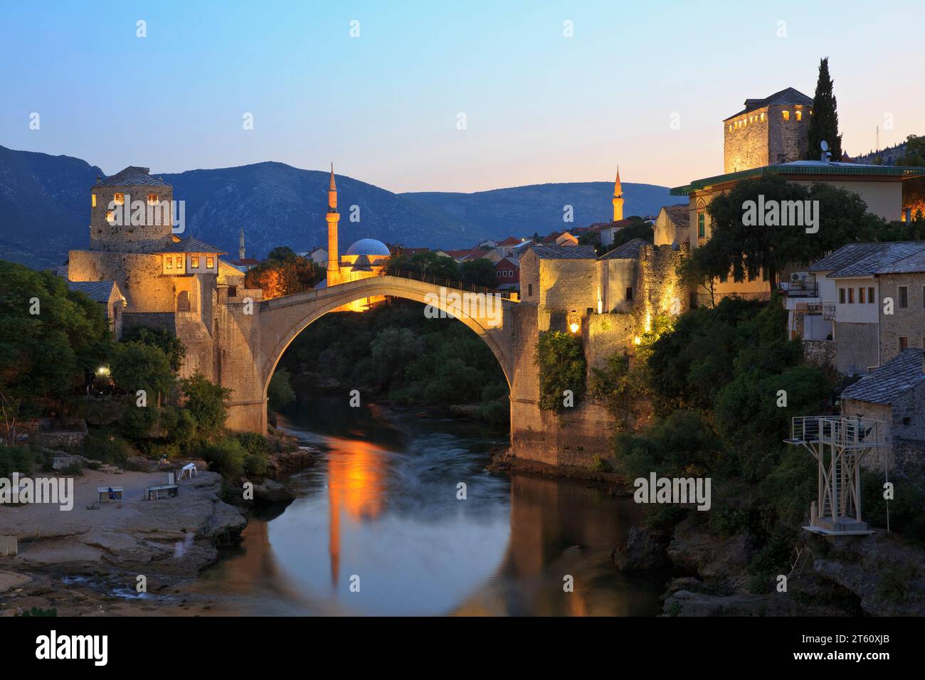 Panoramic over the Old Bridge - Stari Most (1567) and the Old Town of Mostar, Bosnia and Herzegovina Stock Photo
