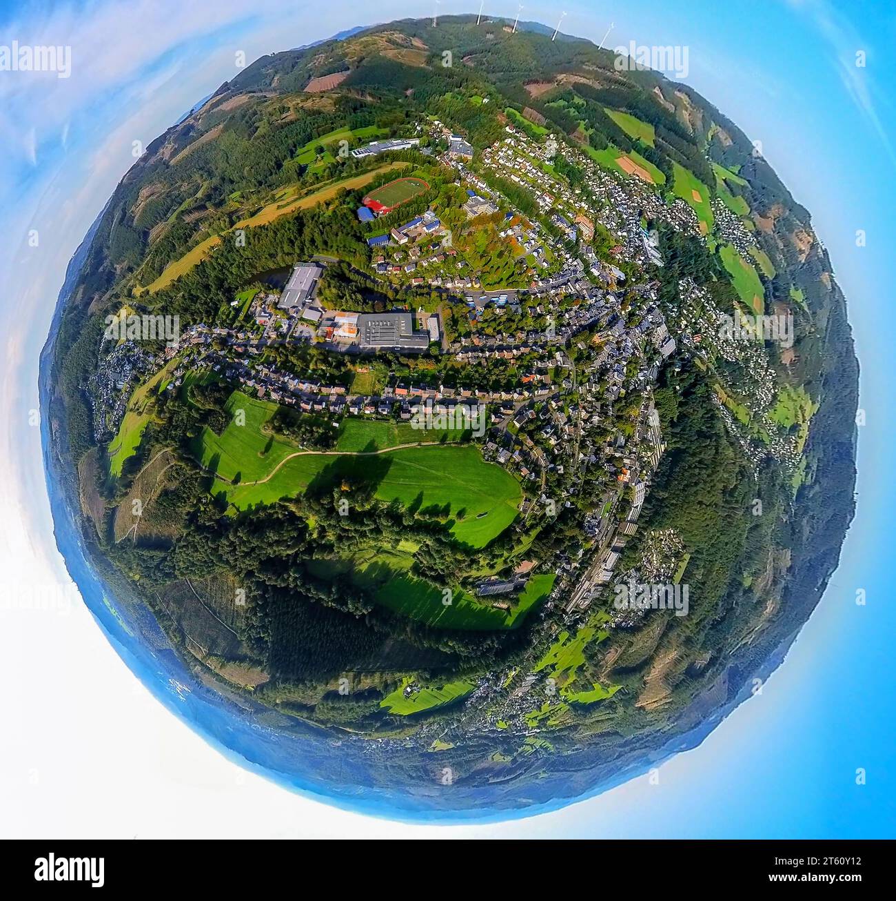 Aerial view, city view Rothenberger Straße, earth globe, fisheye shot, 360 degree shot, tiny world, Hilchenbach, Sauerland, North Rhine-Westphalia, Ge Stock Photo