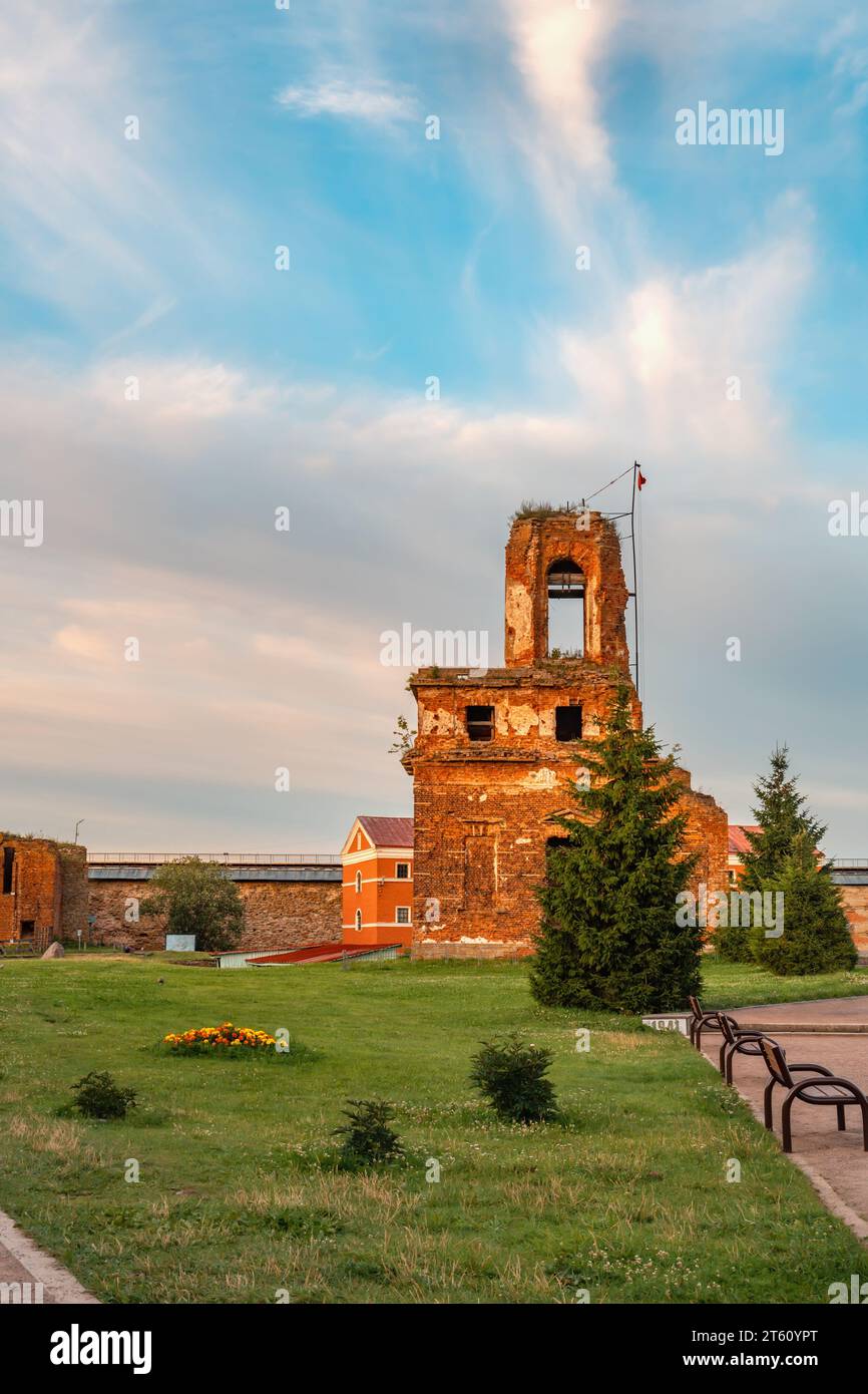 Ruins of the Shlisselburg fortress Oreshek, the Great Patriotic War memorial in the Cathedral of St. John the Baptist in the fortress Oreshek. Stock Photo