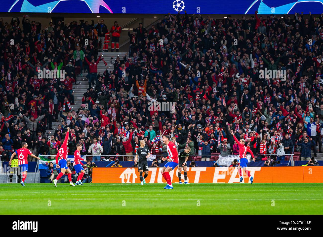 Madrid, Madrid, Spain. 7th Nov, 2023. Atletico Madrid players celebrate Antoine Griezmann first goal during the football match of Uefa Champions League between Atletico Madrid vs Celtic played at Civitas Metropolitano stadium on November 07, 2023 in Madrid, Spain (Credit Image: © Alberto Gardin/ZUMA Press Wire) EDITORIAL USAGE ONLY! Not for Commercial USAGE! Stock Photo