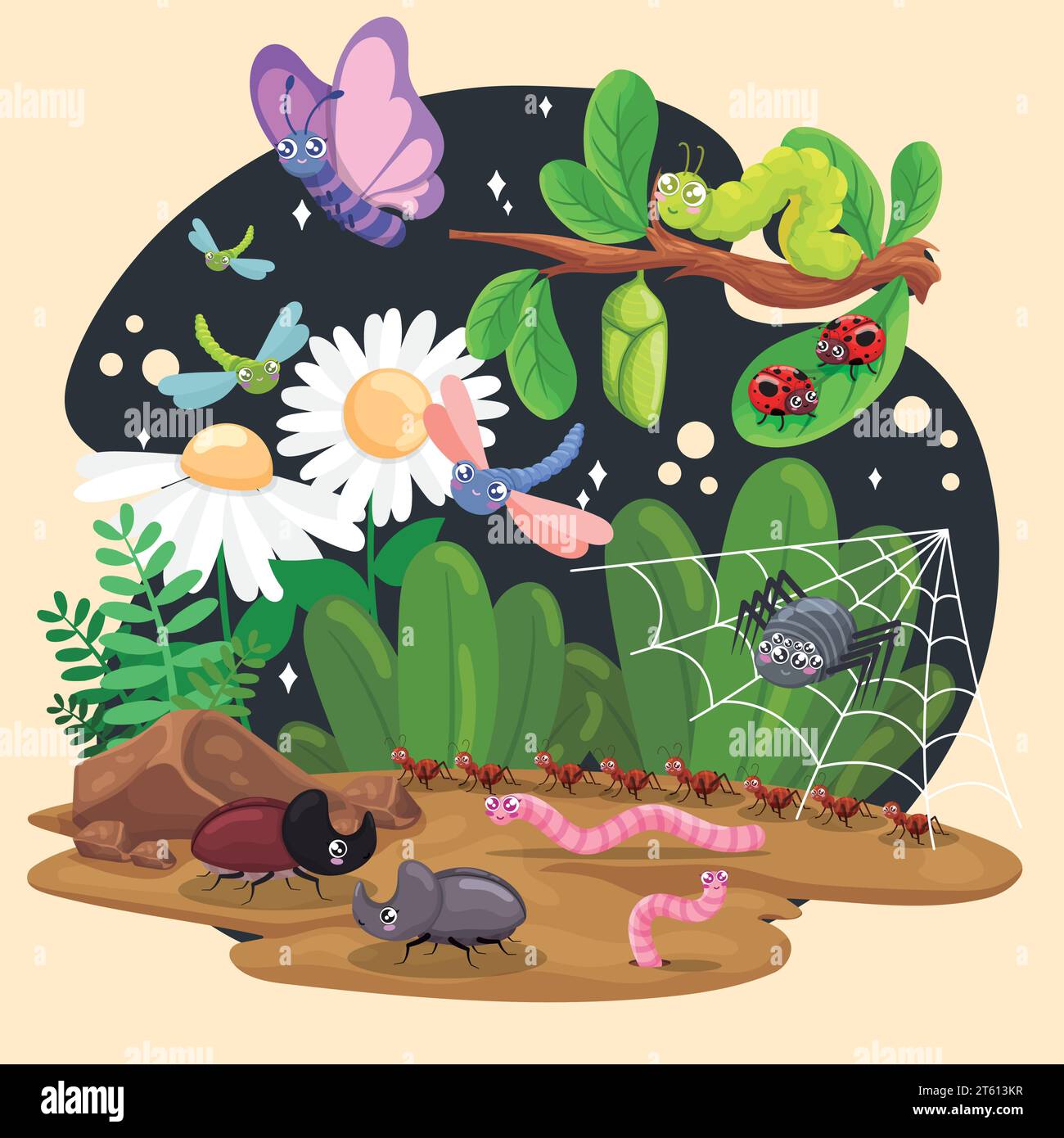 Cute insect characters on a nature environment background Vector Stock Vector