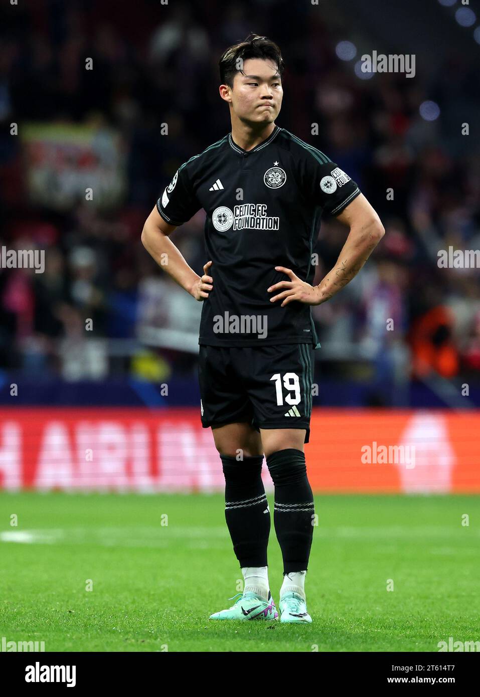 Celtic's Oh Hyeon-Gyu looks dejected after the final whistle in the UEFA Champions League Group E match at the Estadio Metropolitano, Madrid. Picture date: Tuesday November 7, 2023. Stock Photo
