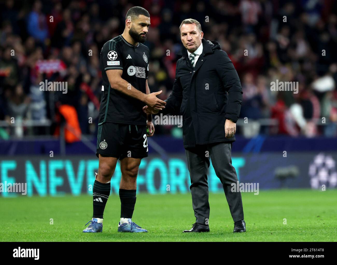 Celtic's Cameron Carter-Vickers (left) and manager Brendan Rodgers after the final whistle in the UEFA Champions League Group E match at the Estadio Metropolitano, Madrid. Picture date: Tuesday November 7, 2023. Stock Photo