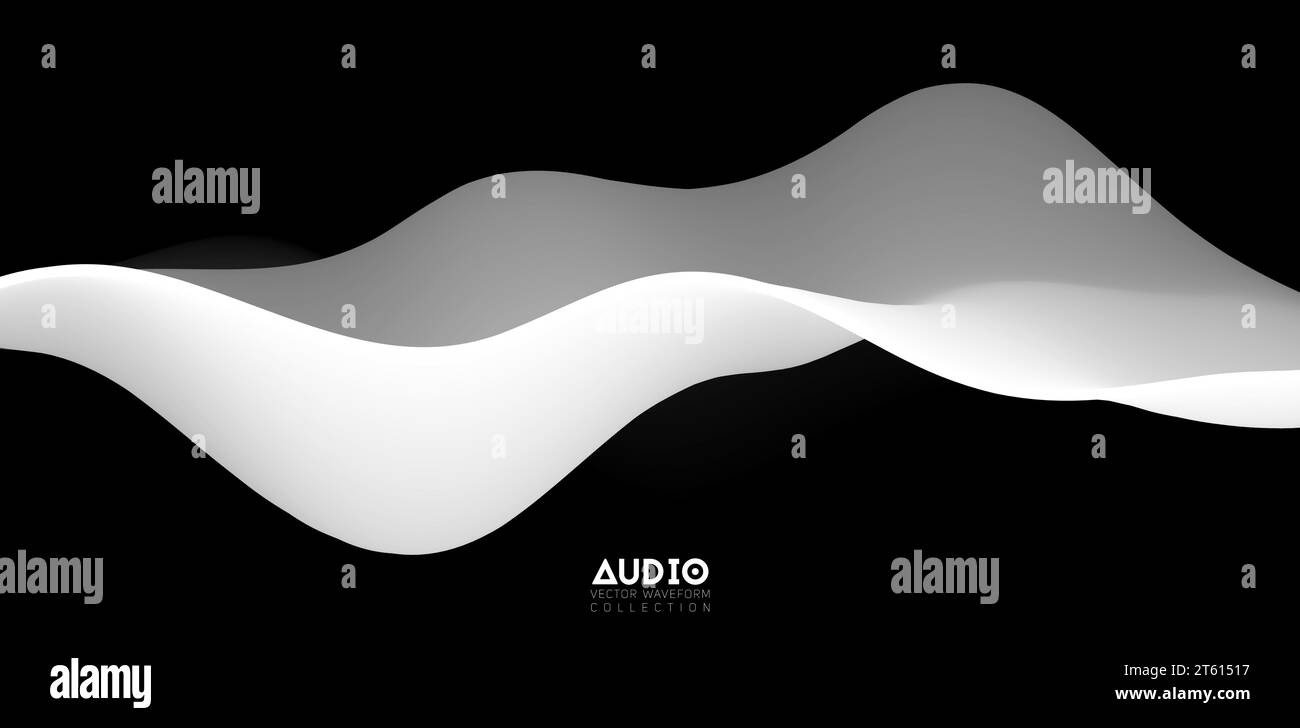Sound wave visualiztion. 3D black and white solid waveform. Voice sample pattern. Stock Vector