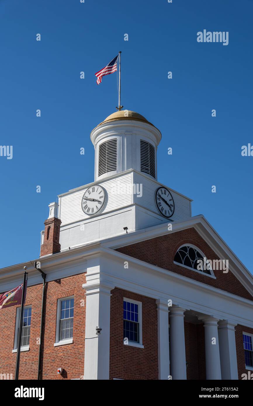 The Bedford County Courthouse, in Bedford, Pennsylvania, was constructed in 1829 and is topped with a circular wooden cupola and clock. Stock Photo