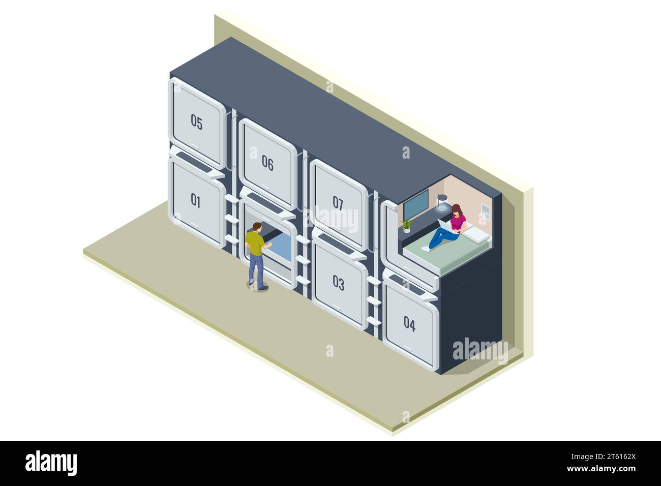 Isometric Sleepbox. Sleeping Pods, Sleeping Space Capsule Homes. Sleeping People in Smart Capsule Hotel. Stock Vector